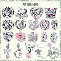 bisaer 925 sterling silver pink charm love heart flower bloosom safety chain bead fit women original bracelets diy fine jewelry