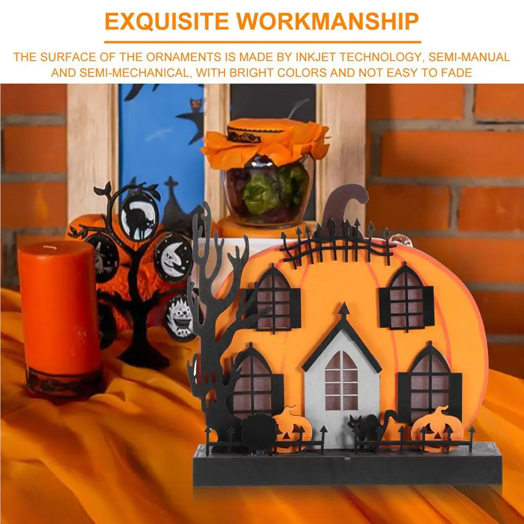 

Halloween Tabletop Figurine Bedroom Bar Holiday Arrangement Pumpkin House Operated Sign Multipurpose LED Wood Statue