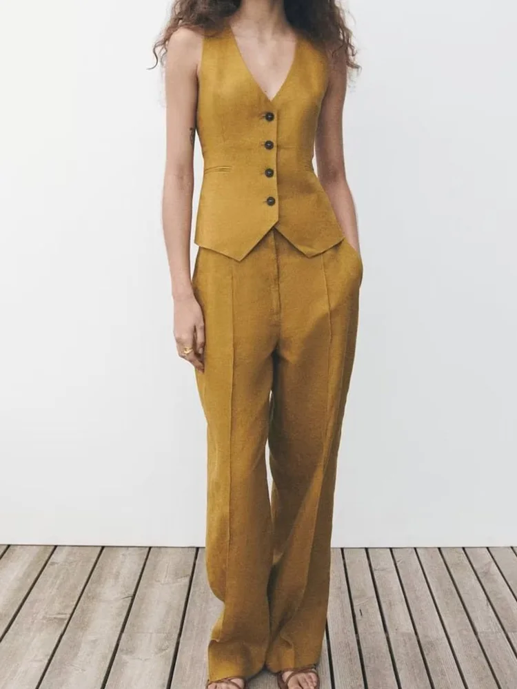 

NEW 2023 Women Summer 2-Pieces Sets Casual Solid Linen Vests Coats and Trousers Female ELegant Street OL Two Suits Clothing