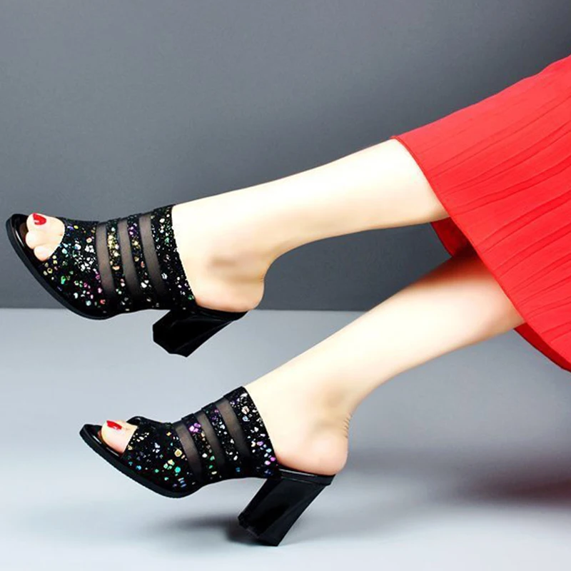 

High Heels Glitter Slippers Women 2022 Summer Sexy Black Mesh Slip on Sandals Woman Peep Toe Hollow Out Sandalias Mujer CB-32