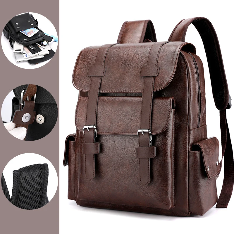 

Quality 14 Student Backpack Inch Laptop Men High Backpack Retro Leather Backpack Waterproof