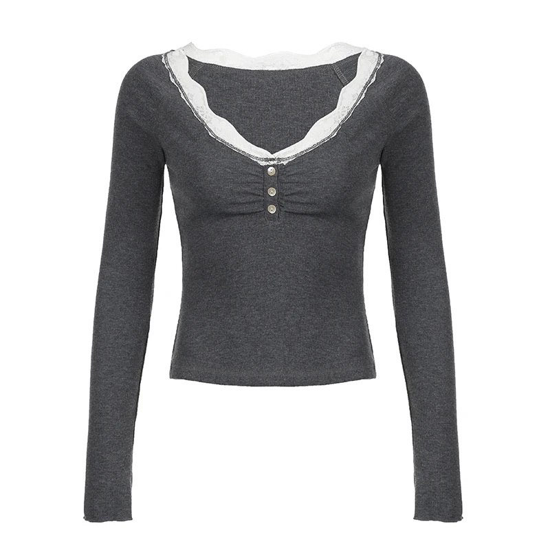 Топ женский на пуговицах с V-образным вырезом и кружевом
