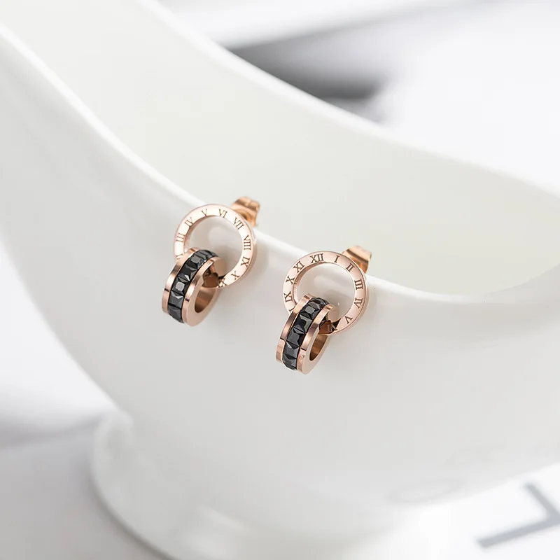 

Shiny Cubic Zirconia Roman Numerals Double Circle Stud Earrings Titanium Steel Rose Gold Color Engagement Wedding Earrings