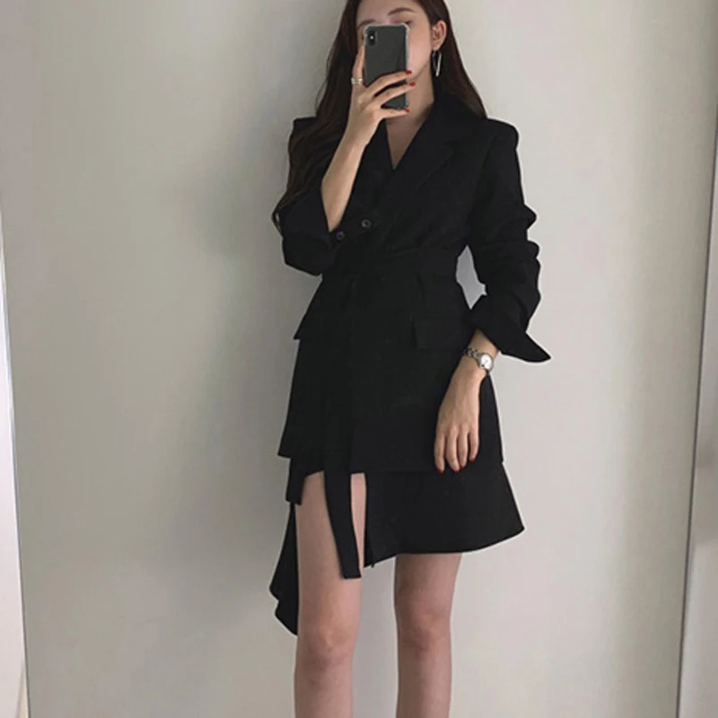 2021 Women British Style Elegant Black Beige Blazer Coat Long Outwear Jacket Sashes Fall OL Korean New Fashion Solid Blazers
