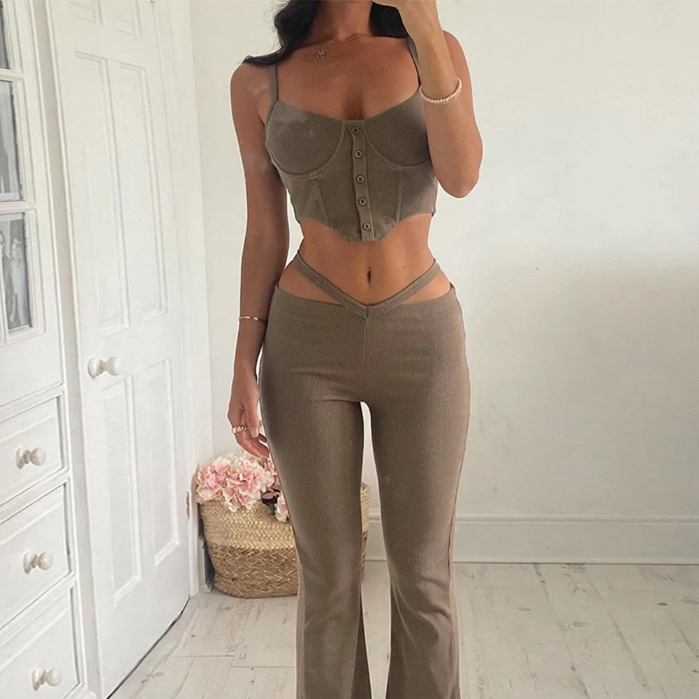 

YiYiMiYu Sexy Casual Camis Vest+Hollow Out High Waist Long Pants 2 Pieces Sets Fashion Elegant Summer Suits Women Crop Tops New