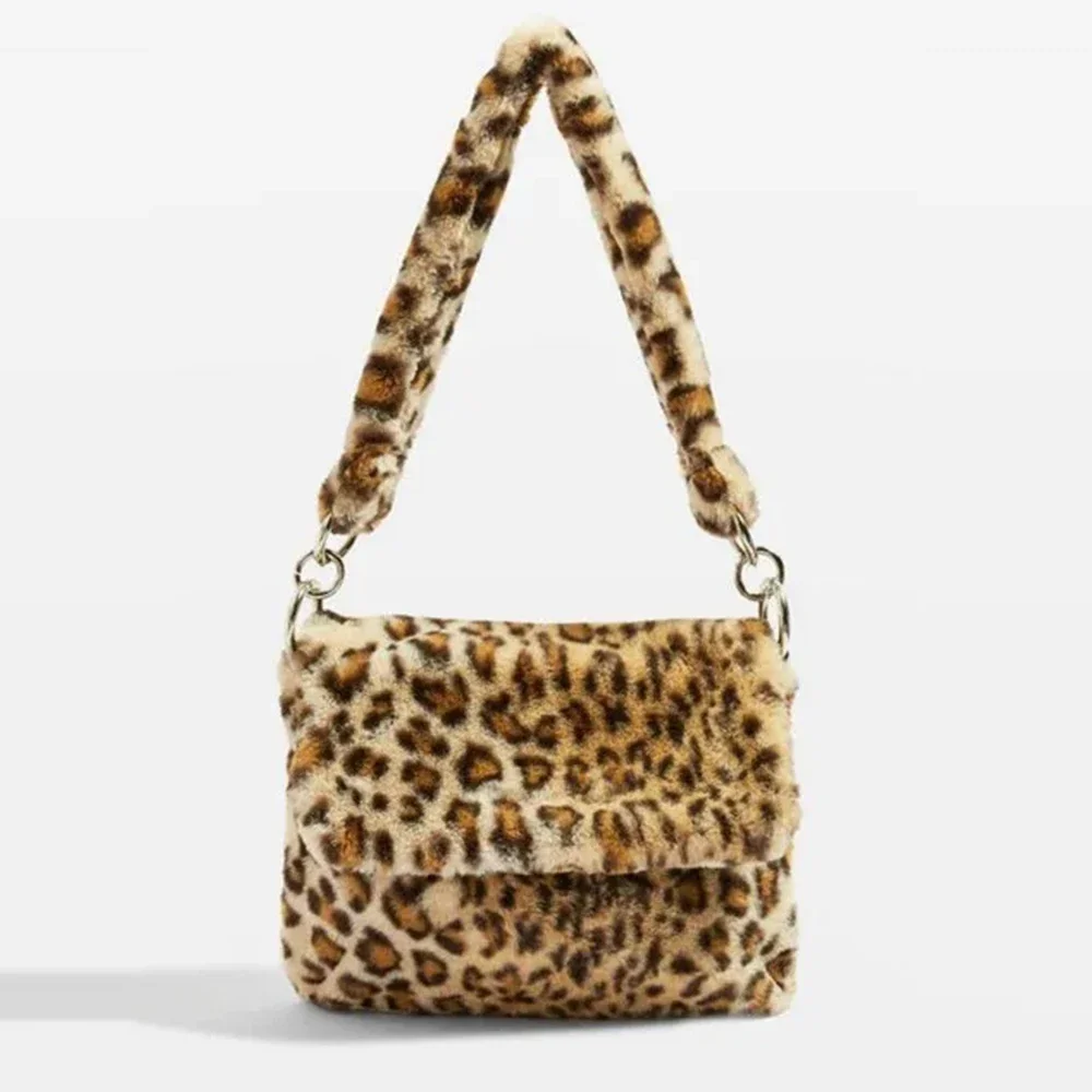 

Designer Warm Plush Shoulder Bag Winter Leopard Tote Bags for Women Animal Printed Crossbody Bag Faux Fur Handbags Female Clutch