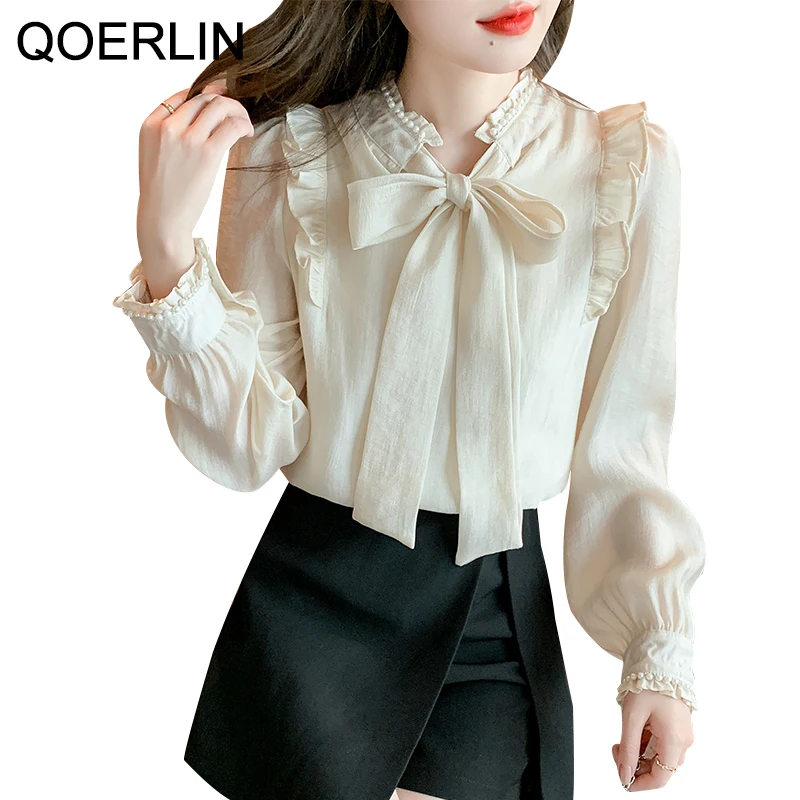 

QOELRIN French Temperament Chiffon Top Women's 2022 New Bow Long Sleeve Shirt Pearl Beading Blouse Office Workwear