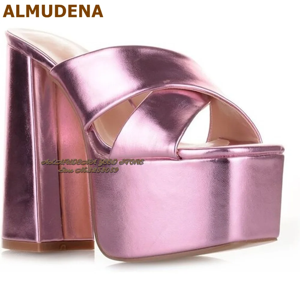 ALMUDENA Metallic Pink Matte Leather Chunky Heel Sandals High Platform Strange Block Heels Modern Slippers Slip-on Dress Shoes