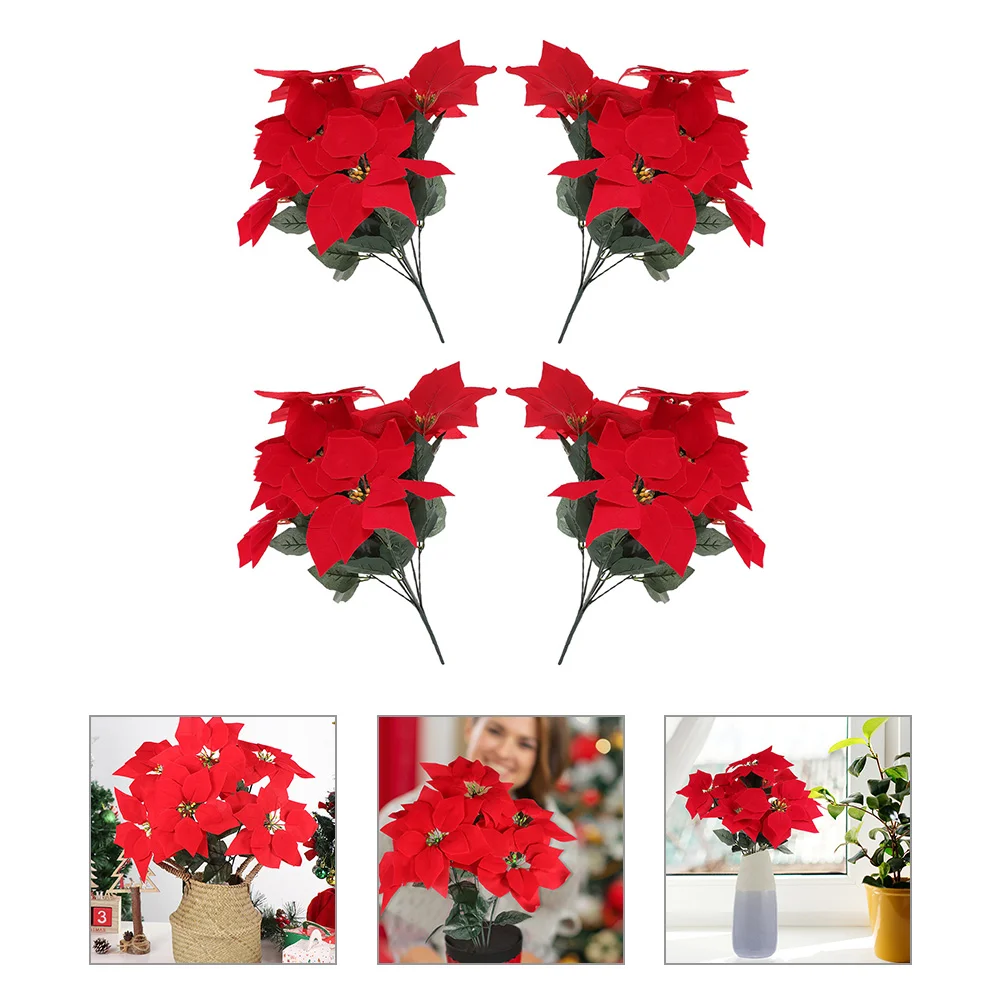 

4 Pcs Big Red Flower Pot Realistic Poinsettia Flowers Flannel Artificial Decoration