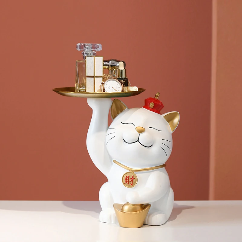 

Resin Fat Lucky Cat Tray Storage Figurines for Interior Entrance Desktop Containers Living Room Feng Shui Decoration
