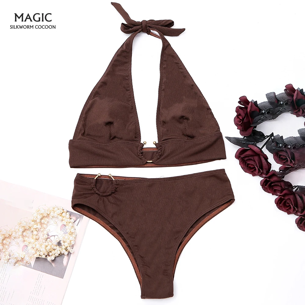 

Купальник с высокой талией, бикини с пуш-ап, женский купальник 2022, однотонное бикини, купальный костюм с лямкой на шее, пляжная одежда с вырез...