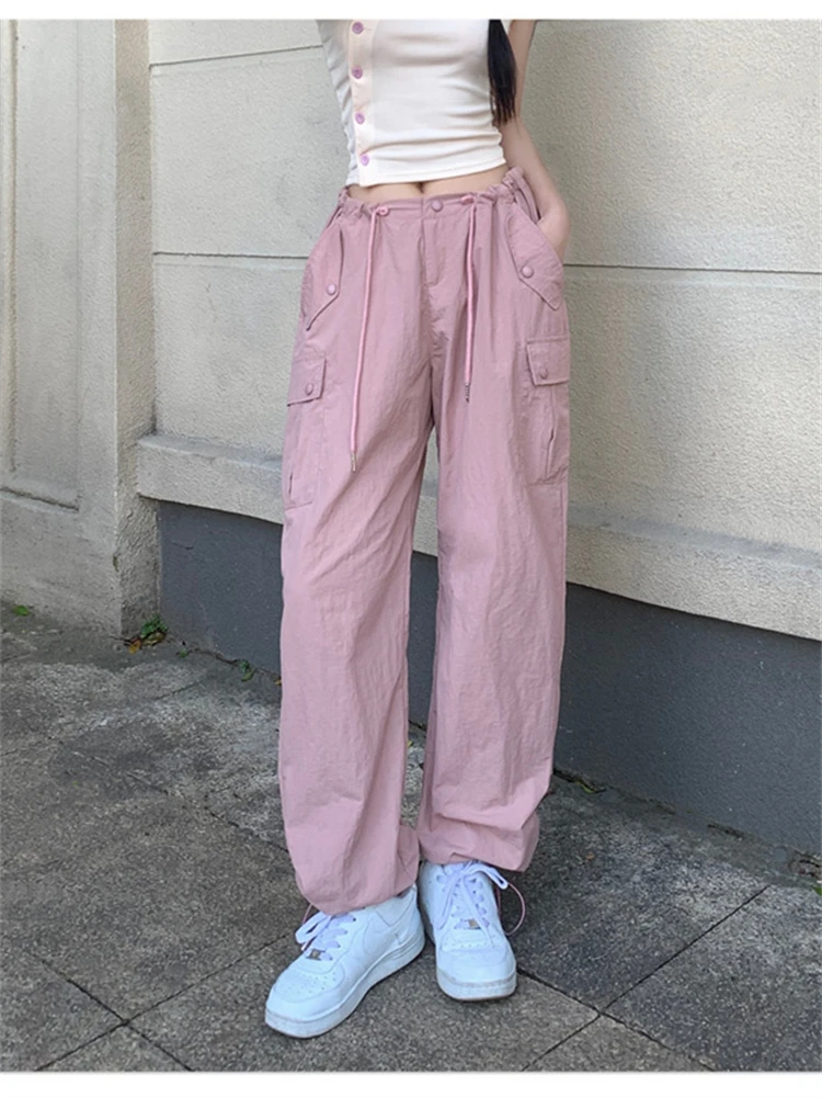 

Pink Multi-pocket Casual Cargo Pants Women's Summer Loose American High-waisted Straight Wide-leg Overalls Female Trousers