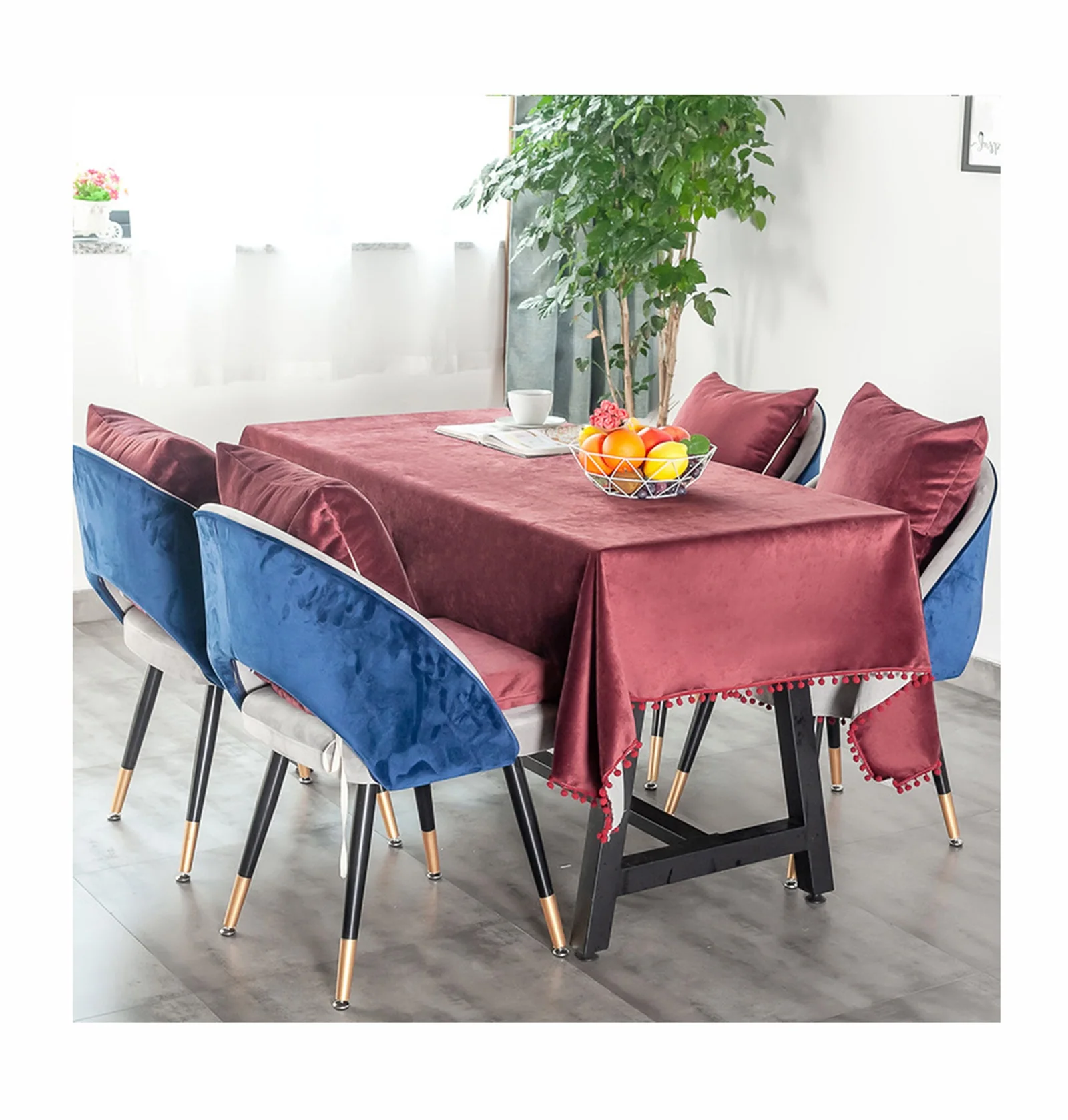 

Flannel Tablecloths, Waterproof Table Covers Simple Solid Color With Fluffy Ball Dark Red Dining Table Coffee Table Deco