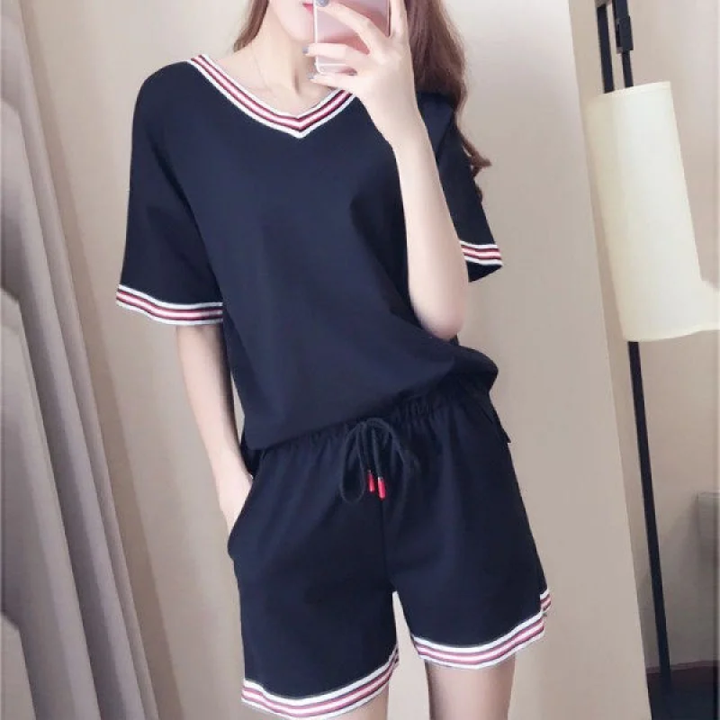 

676#200Large Size Women's Casual Suit Summer Korean Style Loose Fashion FatmmShort-Sleeved Shorts Two-Piece Set