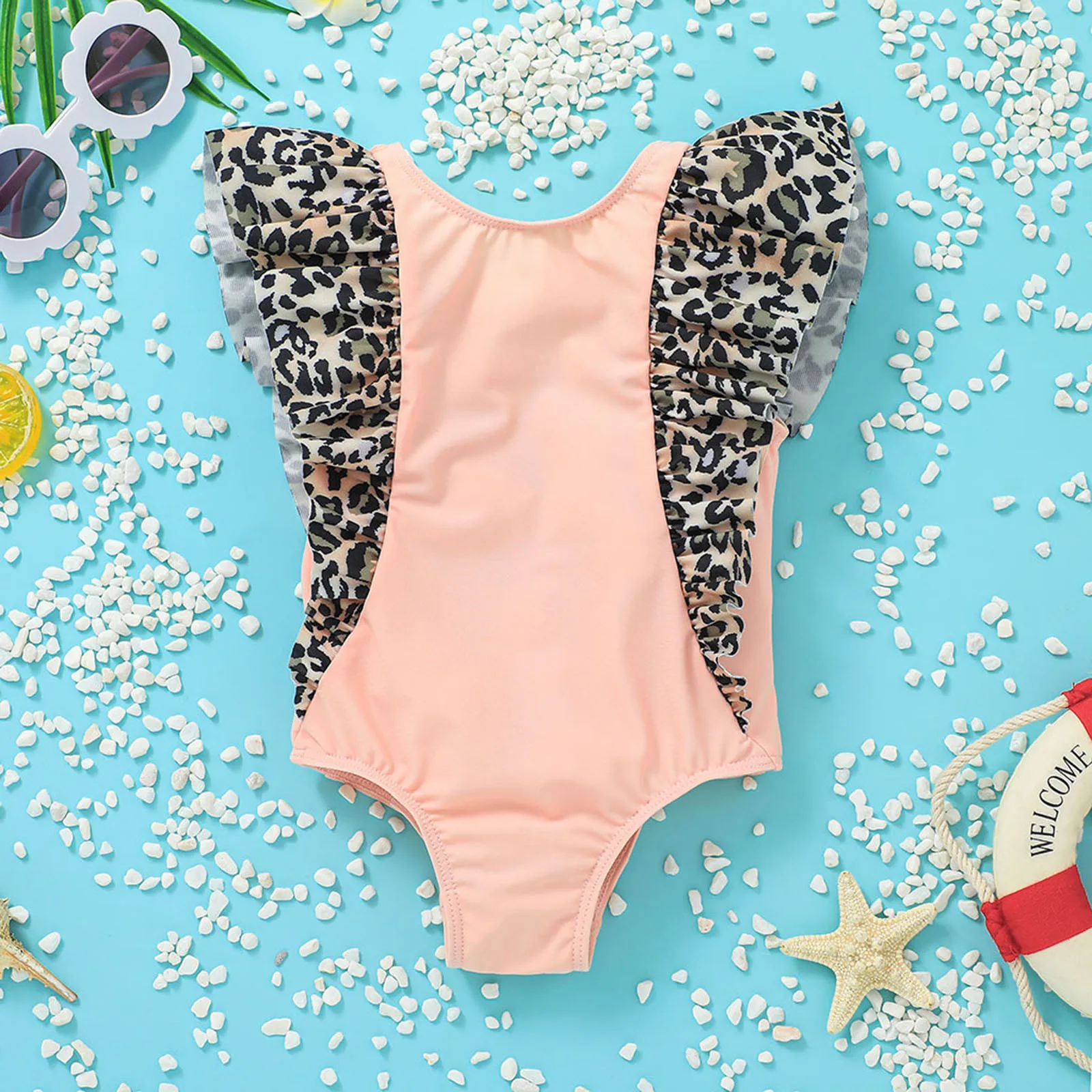 

1-5 Years Toddler Baby Girls Swimwear 2022 Summer Ruffle Bikini One-piece Leopard Print Swimwear Swimsuit Backles Girl Beachwear