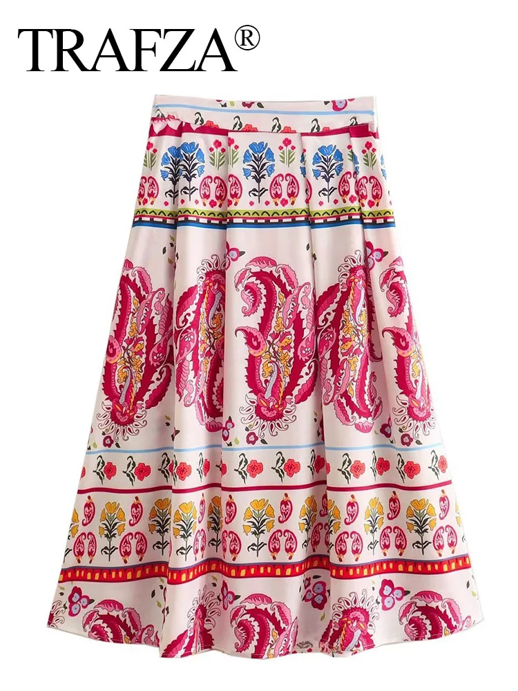 

TRAF ZA New Fashion Beach Vacation Printed Skirt Zipper Pleated A-Line High Waisted Swing Female Casual Midi Long Skirts