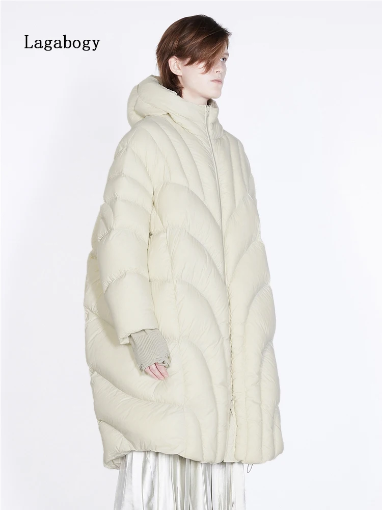 Lagabogy 2022 New Winter Hooded Long Parkas Women Fashion Zipper 90% White Duck Down Jacket Female Oversize Thick Warm Snow Coat