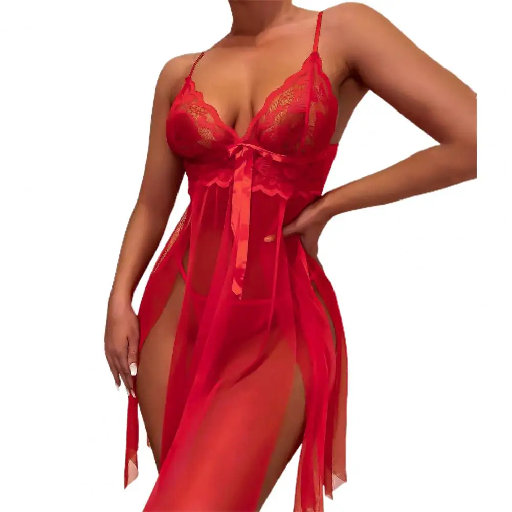 

night dress women Women Nightdress Sleeveless Spaghetti Strap High Split Red See-through Lace Sexy Sleepwear for Wedding Night