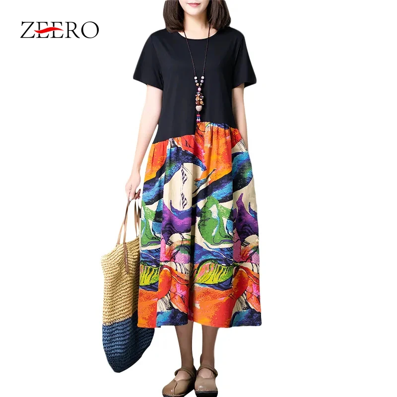 

Summer Dress Ladies Loose Short Sleeve Dress Women Casual Cotton Linen Patchwork Printing Long Dress Vestidos Robe De Mujer 2XL