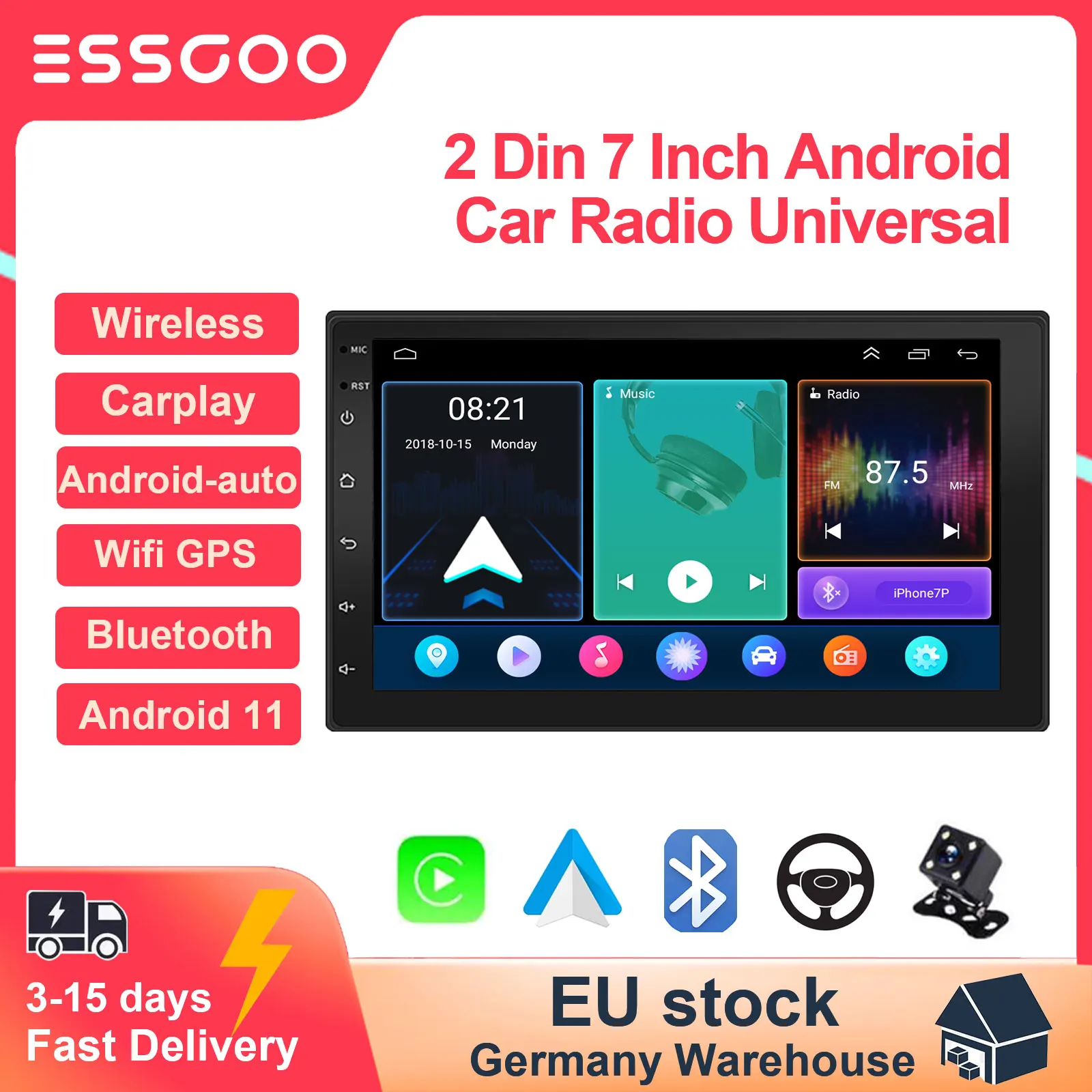 Автомагнитола ESSGOO 2 Din, 7 дюймов, 2 + 32 ГБ, GPS, Wi-Fi