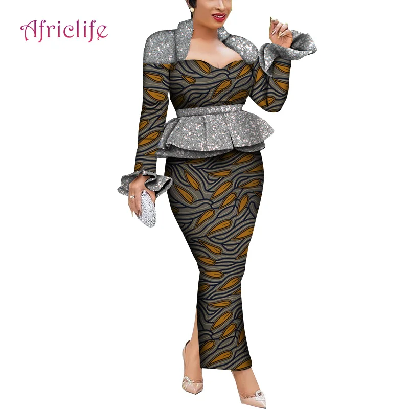 

Spring Fall 2 Pcs African Women Skirt Set Popular Wax Cotton Bazin Patterns Female Suits WY6364