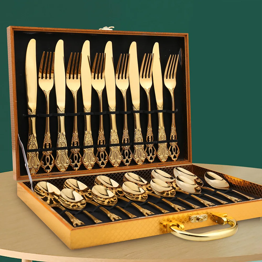 Комплект столовой посуды Relief в европейском стиле из нержавеющей стали: нож для стейка, вилка и ложка в подарочной коробке для западной кухни, 24 предмета.