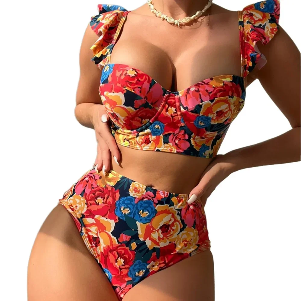 Милый бикини с оборками и цветочным принтом купальник эффектом пуш-ап высокой