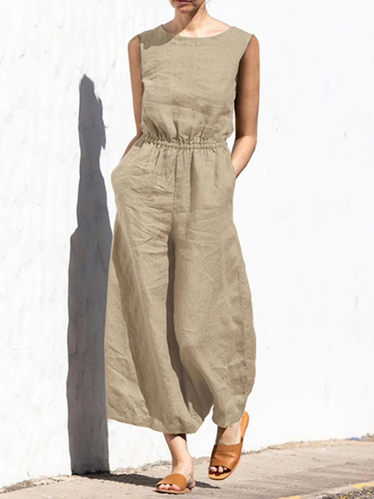 

Casual Loose Pocket Rompers Summer Solid Color High Waist Sleeveless Slim Trousers Women's Fashion Design Back Buttoned Jumpsuit