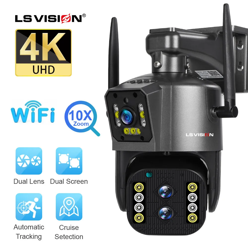 LS VISION 4K 8MP PTZ IP Camera Three Lens Dual Screen WiFi Outdoor Security Cam Motion Detection Auto Tracking 10X Optical Zoom