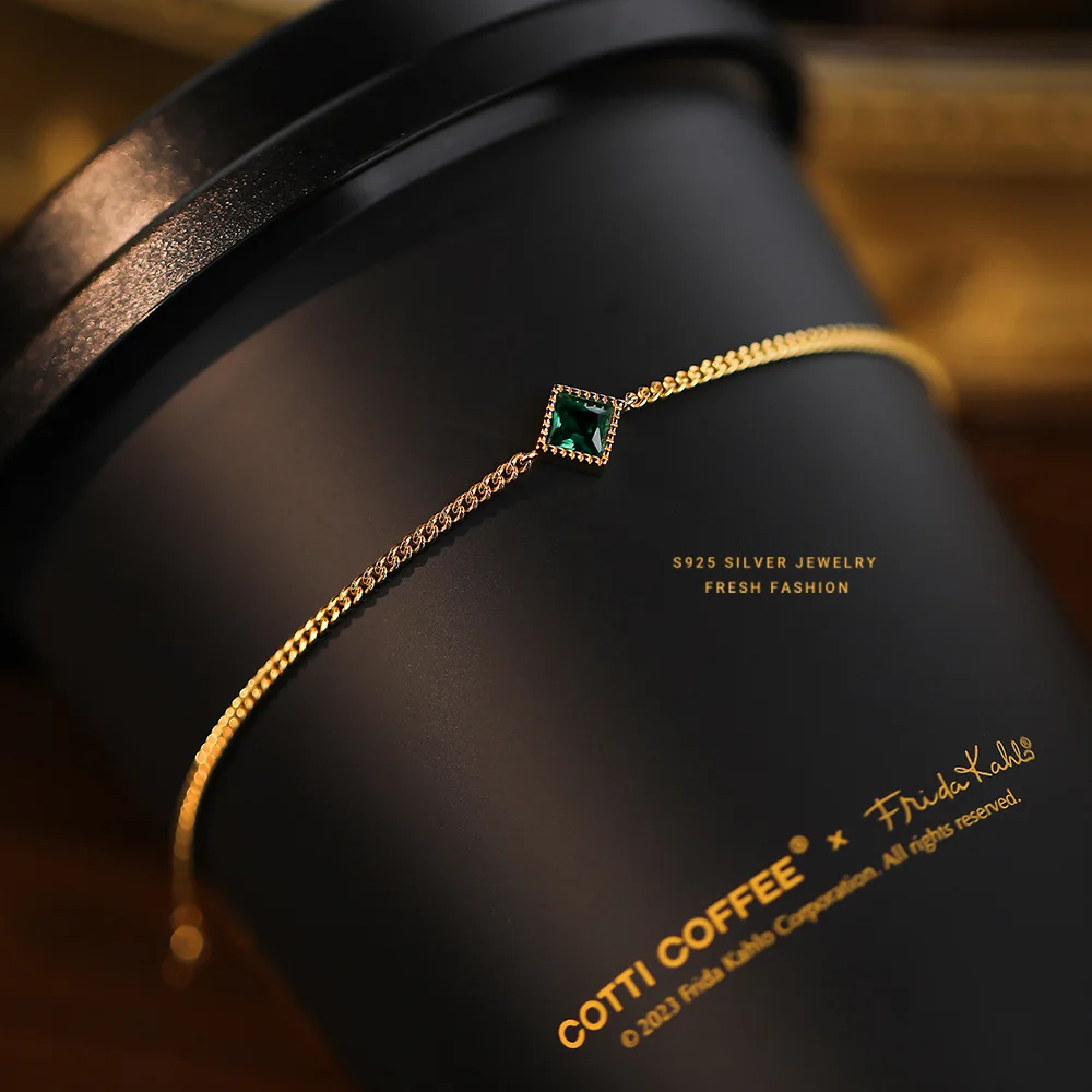 Женский винтажный браслет из серебра 925 пробы с зеленым фианитом