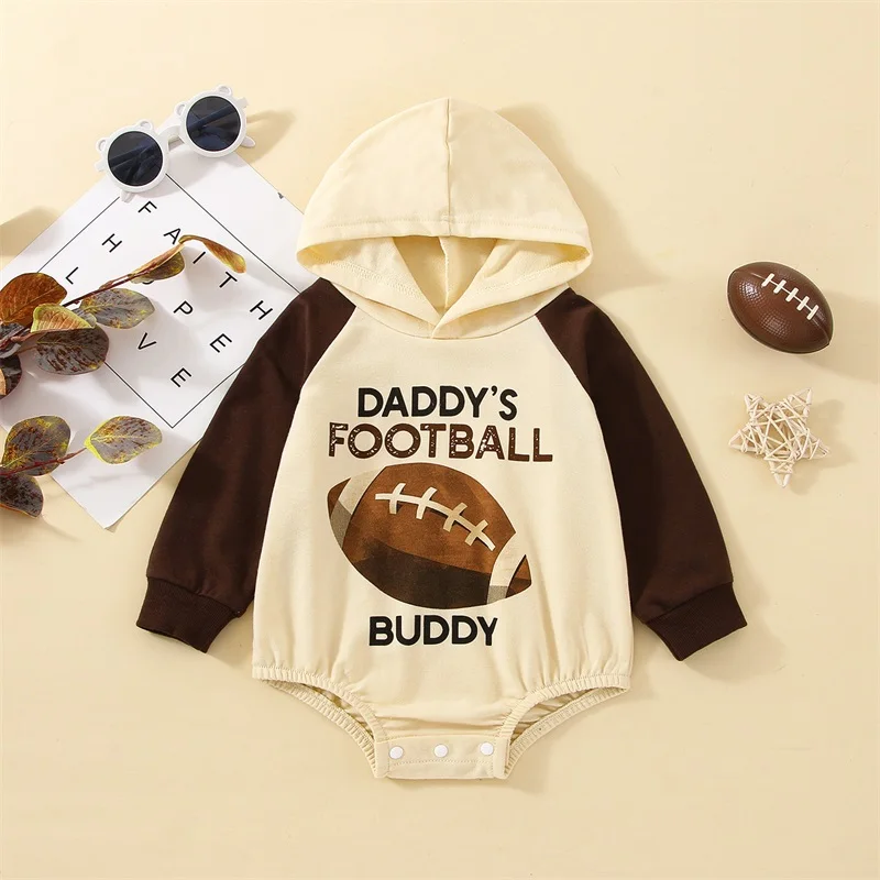 

0-24M Newborn Infant Baby Boy Daddy's Football Letter Bodysuit Long Sleeve Rugby Printed Hooded Jumpsuit