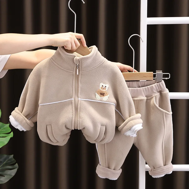 

Осенне-зимние новые комплекты двухсторонней плюшевой одежды для маленьких мальчиков и девочек, Повседневная модная куртка на молнии и штан...