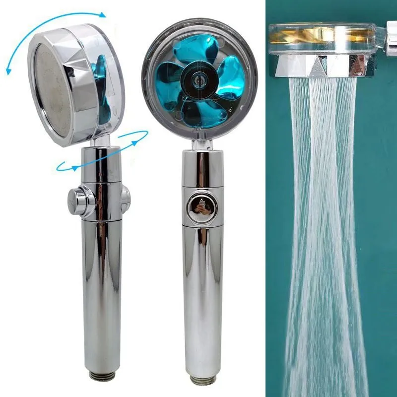 

Turbine Shower Head Booster Water Saving Flow 360 Degrees Rotating Hand Fan Blade One Key Water Stop High Pressure Spray