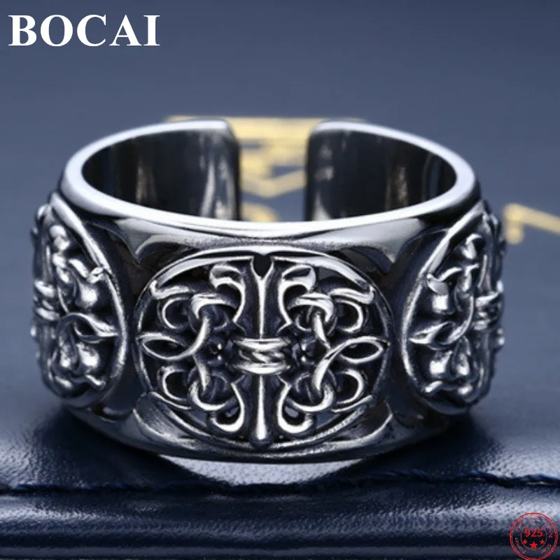 

BOCAI S925 Sterling Silver Rings 2022 New Fashion Hollow Out Eternal Vine Cross Adjustable Pure Argentum Hand Jewelry for Men