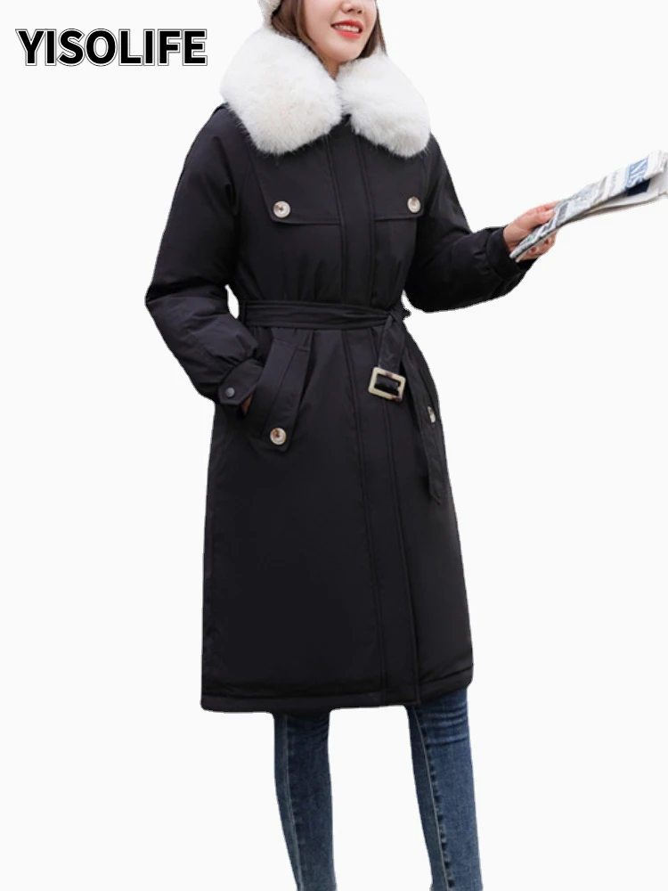 

YISOLIFE Women's winter plus size clothing Lapel Faux Fur Collar Long Thick Fleece Liner puffer Coats and Jackets Belted parkas