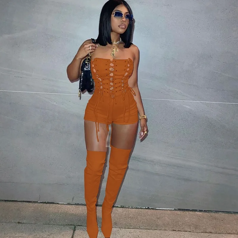 

Bodycon One Piece Overalls 2023 New Spring Summer Sexy Party Clubwear Women Lace Up Strapless High Waist Romper Playsuit