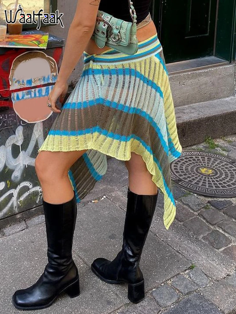 

Waatfaak Striped Sweater Knitted Skirt Midi Y2K Sexy Irregular Low Waist Beach Fairycore Summer Skirts Harajuku Sexy Party 2000S