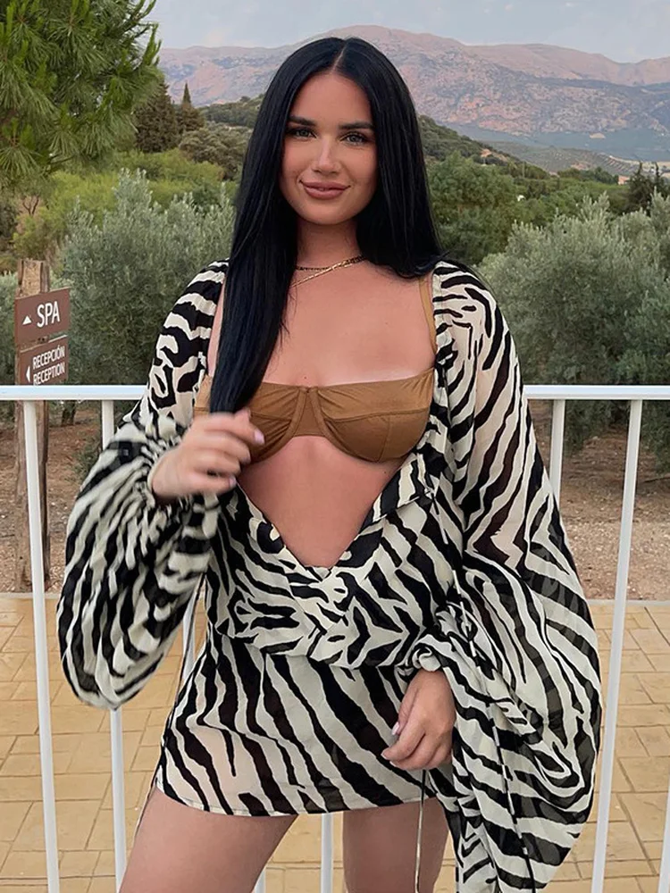 

Zebra Print Mini Dress for Women Long Sleeve Bandage Beach Dress Summer Elegant Sexy Mesh V Neck Club Party Dress Outfits 2022