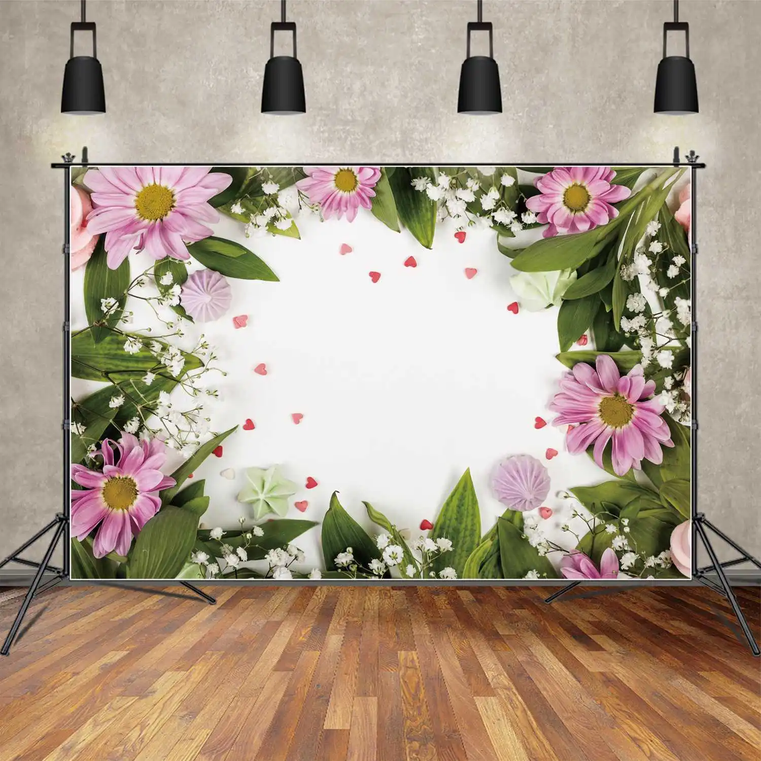 

Colorful Flowers Wreath Photography Backdrops Spring Party Wooden Board Baby Shower Custom Kids Photobooth Photo Backgrounds