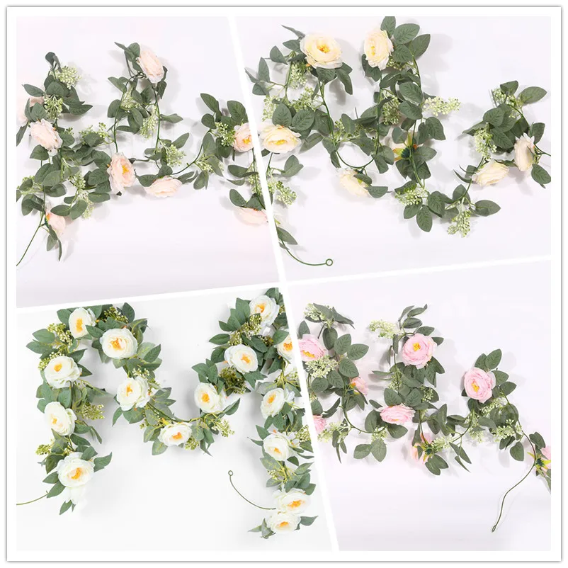 

Rose Artificial Flowers Garland Fake Eucalyptus Vine Hanging Plant for Wedding Arch Birthday Party Home Garden Decorations H&Z