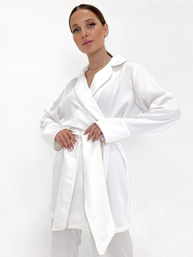 

Hiloc White Satin Sleepwear Women Pajama Set Loose Full Sleeves Robe Turn-Down Collar Home Suit 2022 Pajamas With Pants Sets