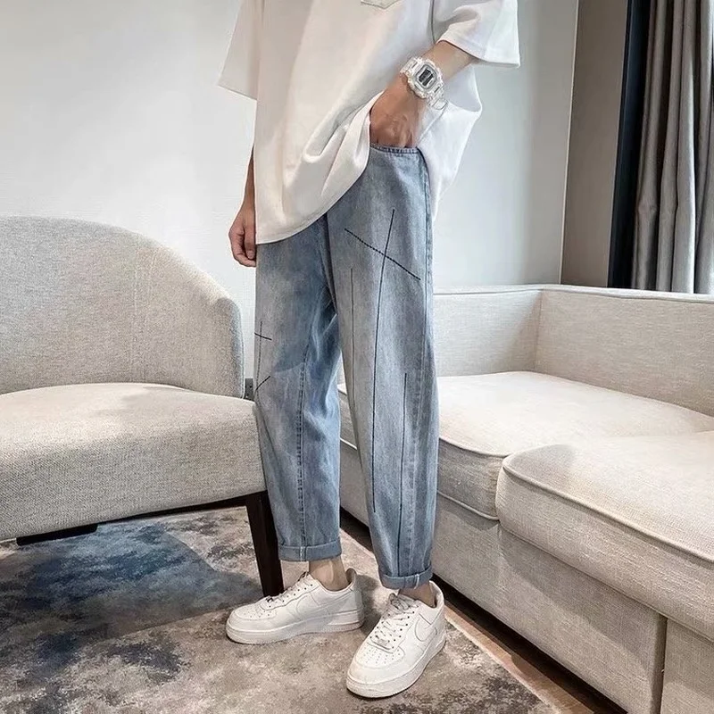 

Light-colored jeans men's thin cropped pants in summer straight loose Hong Kong wind pants tide brand trend wide-leg daddy pants
