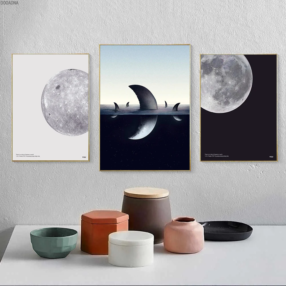 

Nordic black and white modern luxury canvas painting, moon abstract poster and typographic wall art for living room decor