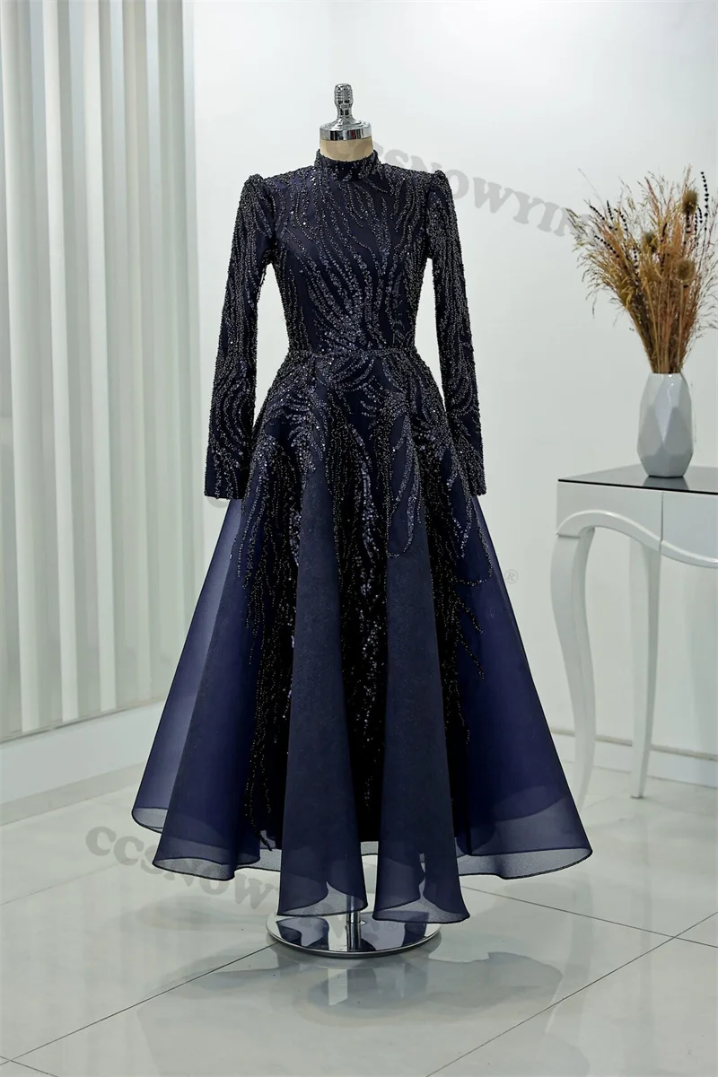 

Organza Appliques Muslim Evening Dresses Long Sleeve Hijab Islamic Formal Party Gowns Arabic Kaftan Women Robes De Soirée