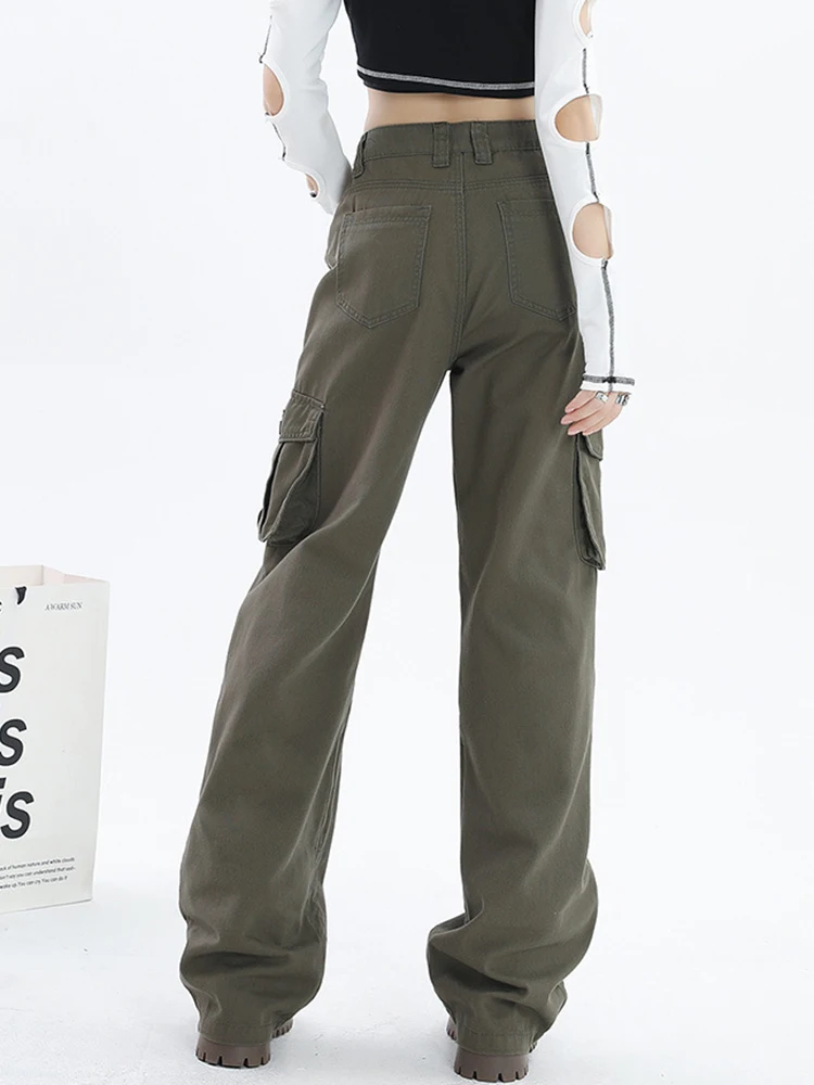

Solid Color Cargo Pants Women Fashion Classic Pocket High Waist Straight Mopping Streetwear Jeans Lady Hip Hop Y2k Denim Trouser