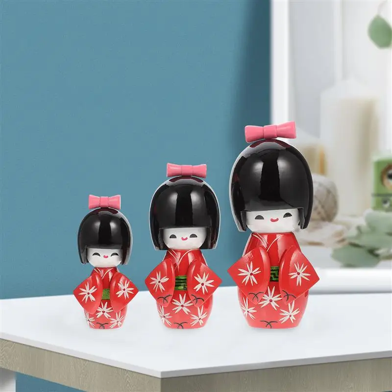 

3pcs Creative Japanese Doll Decor Wooden Kimono Doll Japanese Doll Sculpture Decorative Kimono Doll Figurine Desktop Ornament