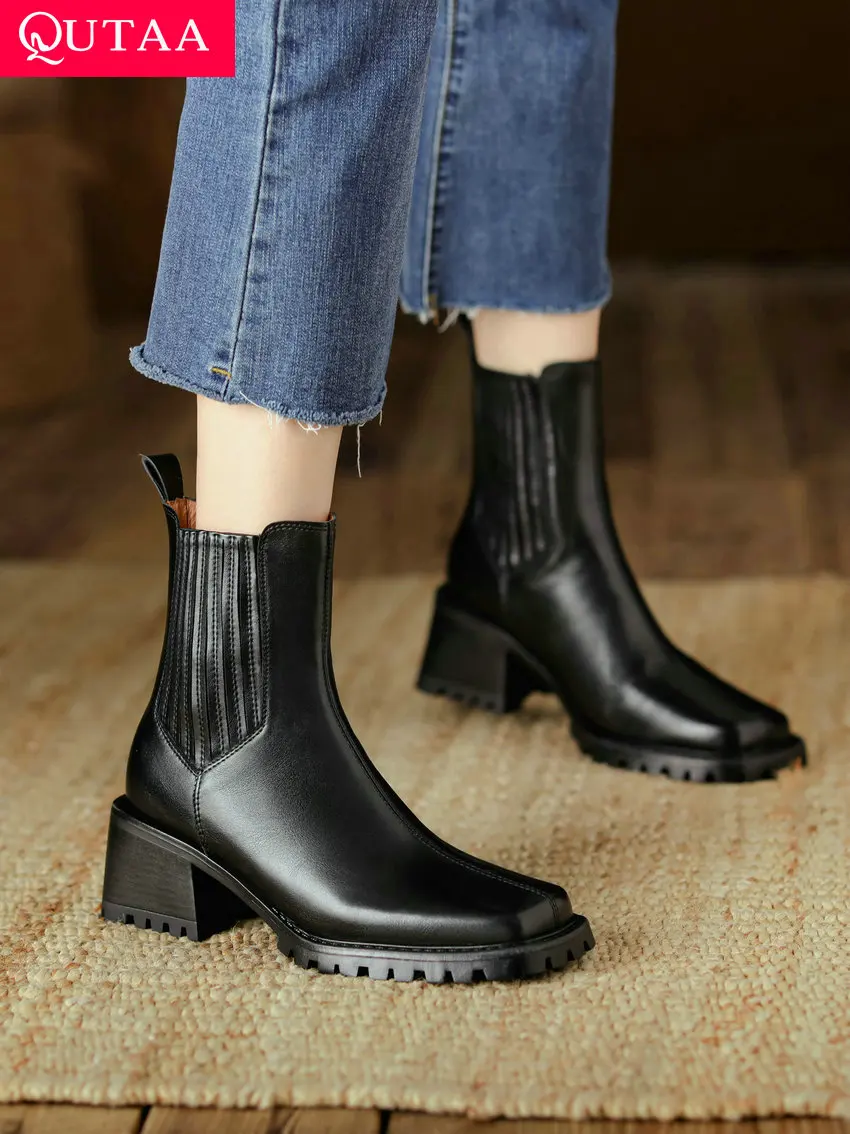 

QUTAA 2023 Women Ankle Boots Thick High Heels Genuine Leather Slip On Platform Square Toe Autumn Winter Shoes Woman Size 34-39