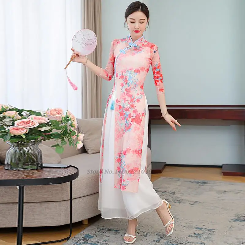 

2022 traditional chinese aodai dress vestido women's satin cheongsam dress chiffon qipao chinese dress elegant party dress qipao