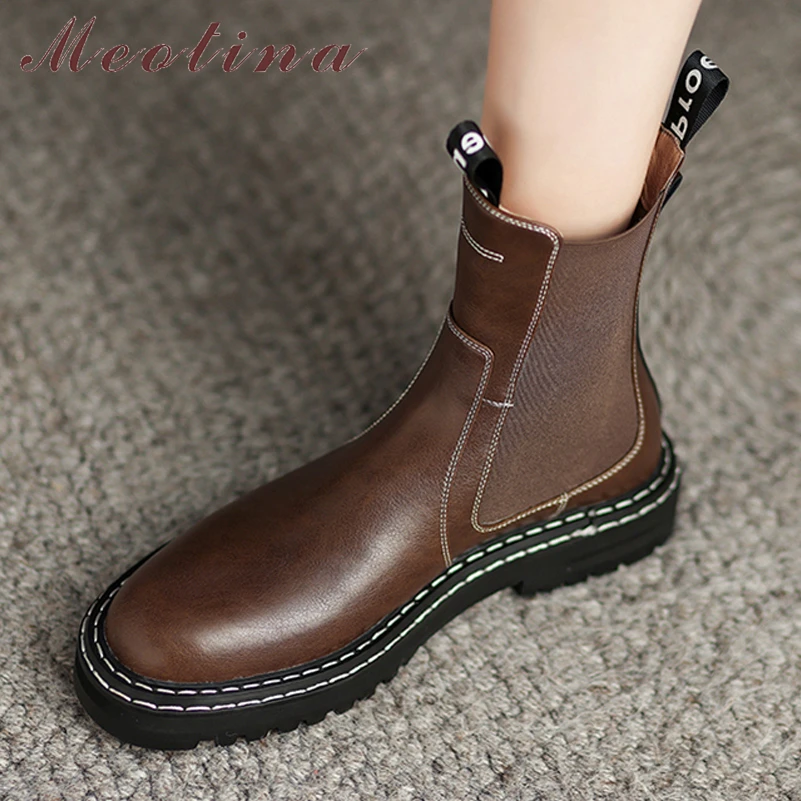 

Meotina Women Genuine Leather Ankle Chelsea Boots Round Toe Platform Flat Ladies Fashion Short Boot Autumn Winter Shoes Brown