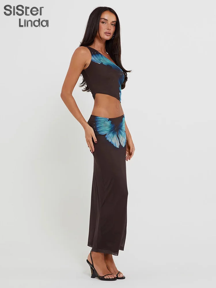 Женский комбинезон с юбкой Sisterlinda летний ажурный костюм до щиколотки лямкой на